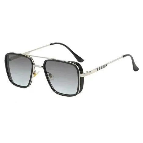 Square aviator-style sunglasses with grey lenses and a silver frame