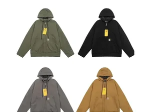 Four hooded zip jackets in olive, black, grey and tan