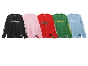 A row of long-sleeve sports tops in black, pink, red, green and blue