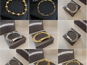 Gold-coloured chain bracelets displayed in black boxes