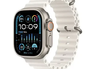 A smartwatch with a white strap and a bright dial