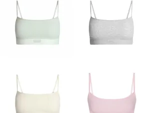 Four soft bralettes in mint, grey, cream and pink